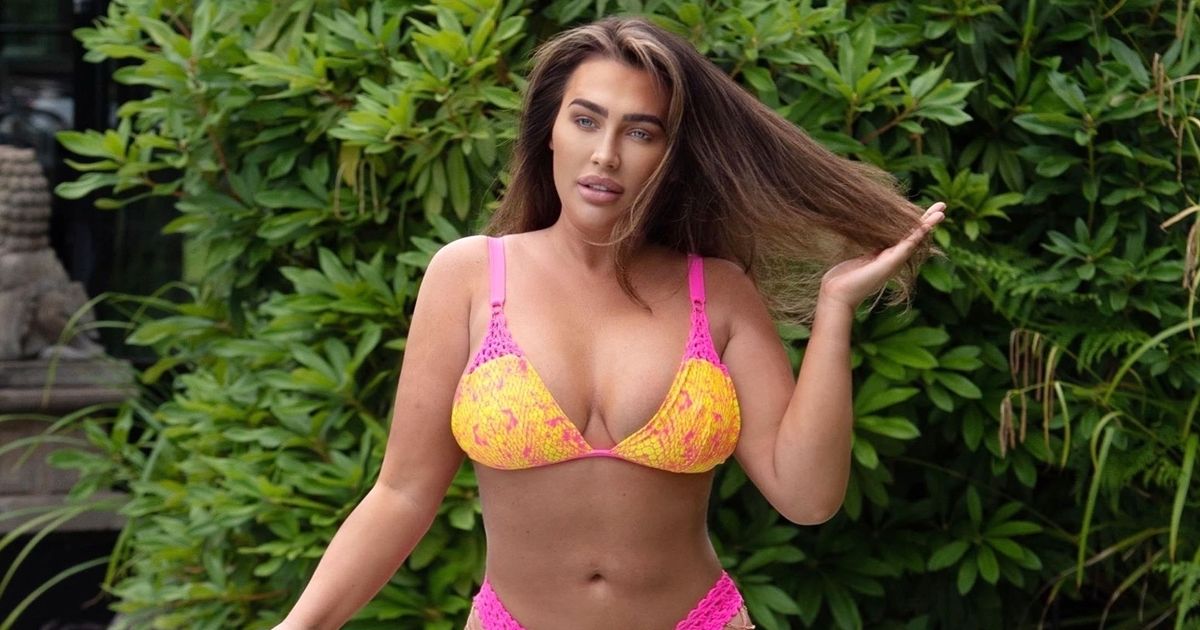 Lauren Goodger strips down into tiny thong bikini for poolside photoshoot in chilly Kent