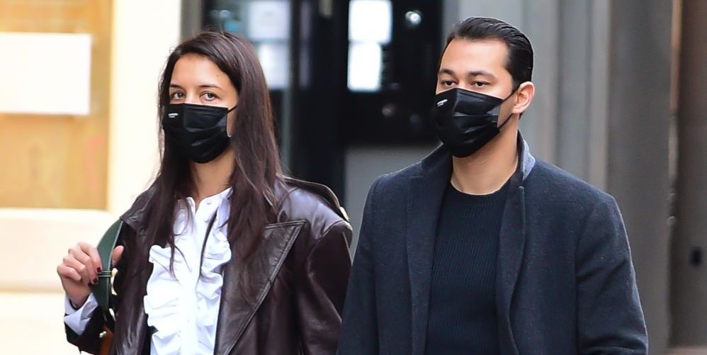 Katie Holmes Paired a Ruffled Blouse with an Edgy Leather Trench for a Walk with Her New Beau