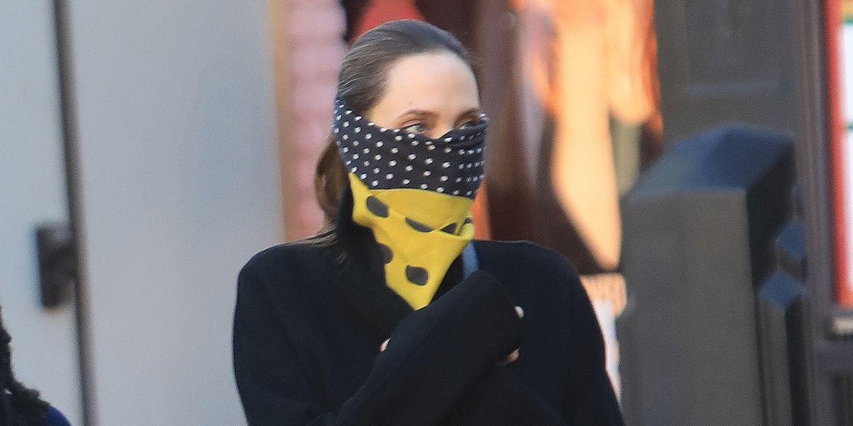 Angelina Swaps a Face Mask for a Silk Scarf in Los Angeles