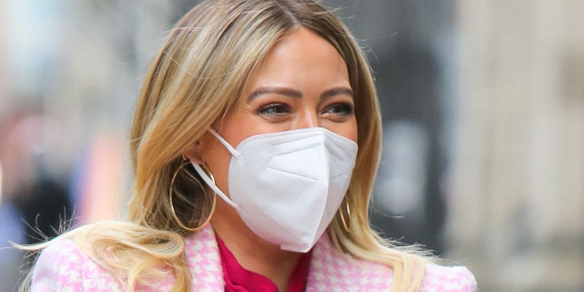 Hilary Duff Bundles Up in A Pretty Pink Tweed Coat on the NYC Younger’ Set